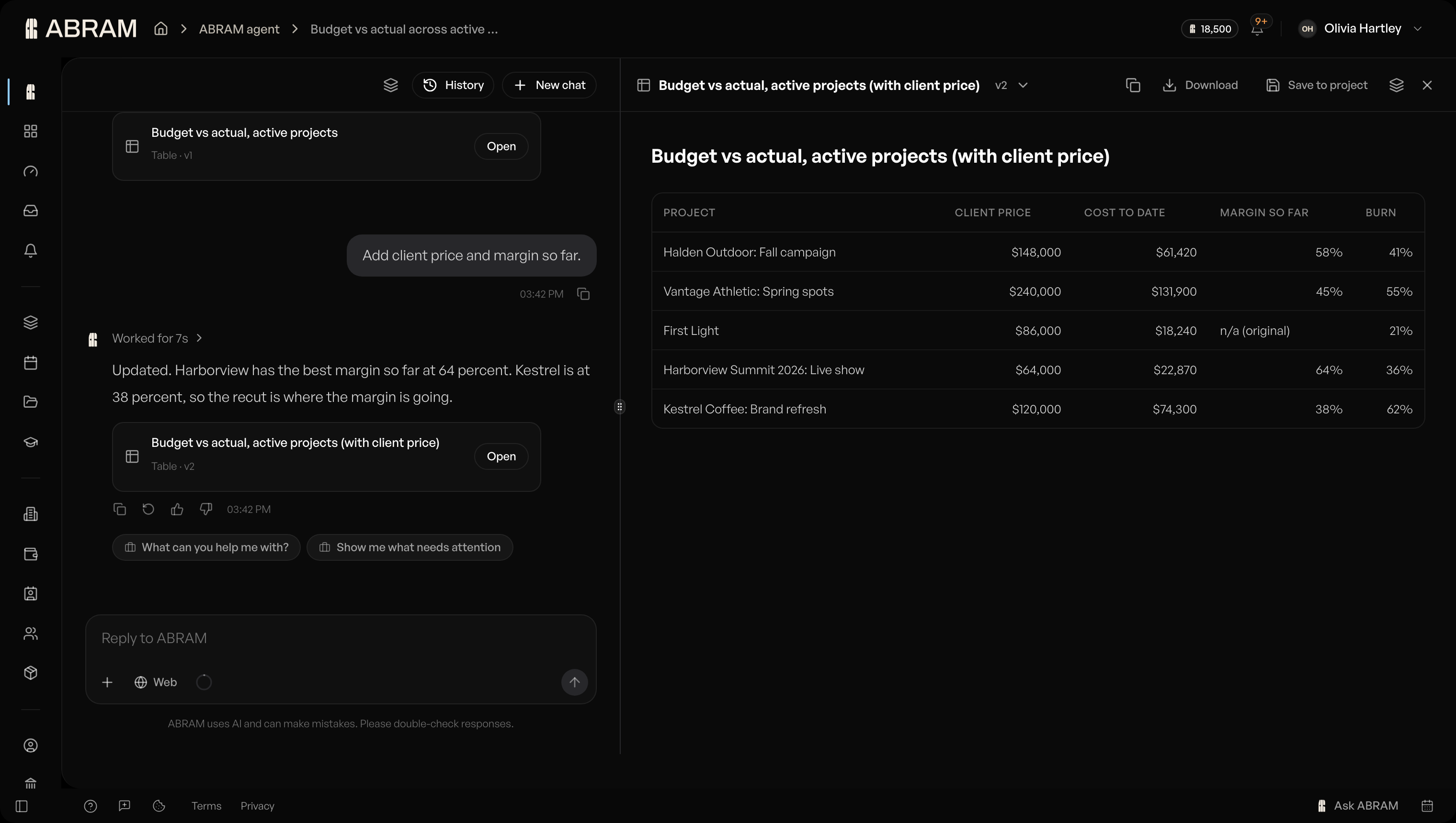 Ask ABRAM for a report and it opens beside the chat, ready to download or save.