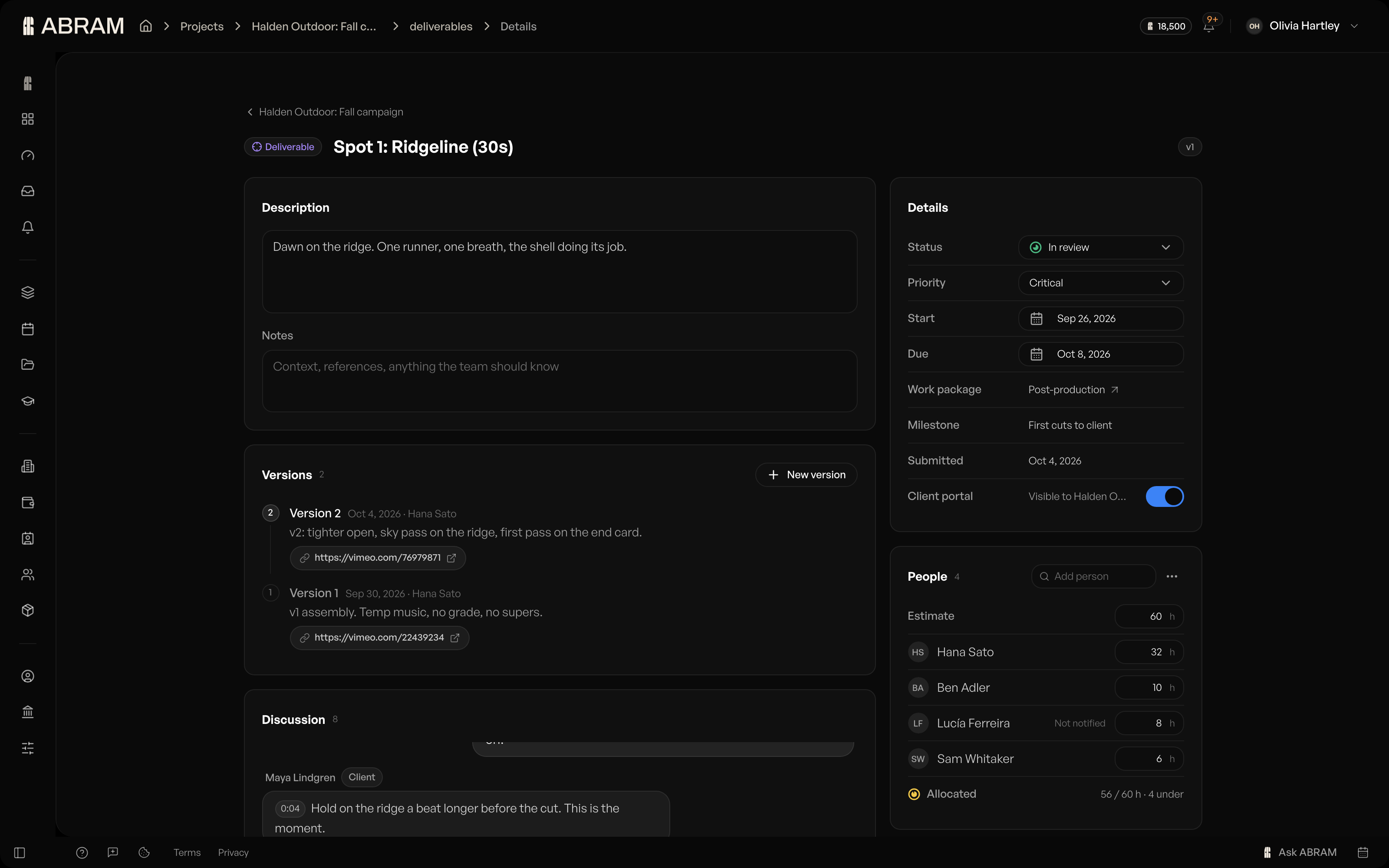 Deliverables open as full pages, with status, dates, people and the discussion in one view.