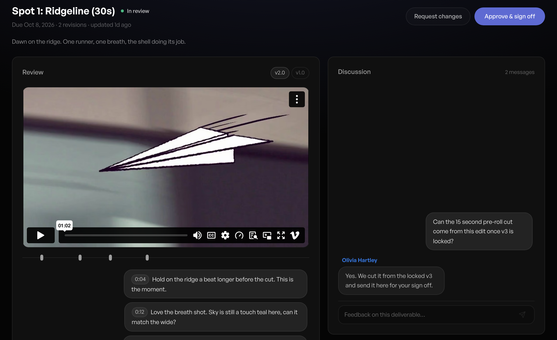 Your client reviews the cut in your portal, with notes at the exact second.